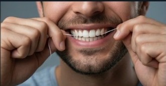 Close-up of string dental floss being used precisely between two teeth in tight interdental space