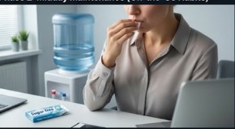 A professional woman subtly rinsing her mouth at a workplace water cooler showing practicality of midday habits