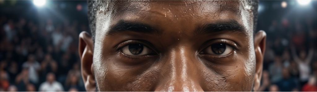 Extreme close-up of a basketball player's eyes showing high-stakes cognitive focus