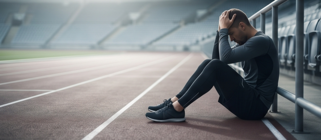 Professional runner in grey and black sportswear showing signs of emotional distress on track