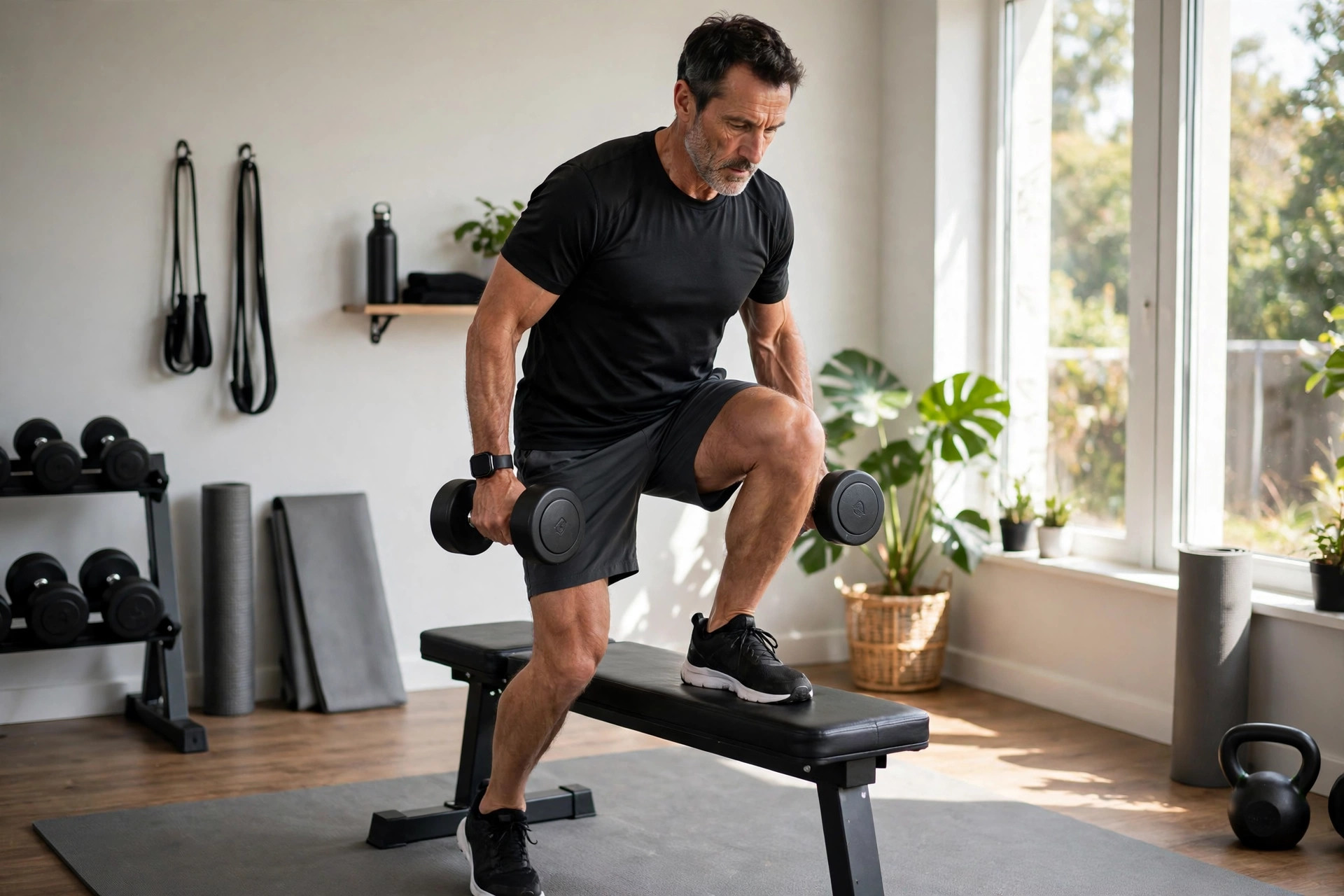 dumbbell step-ups functional fitness exercise over 40