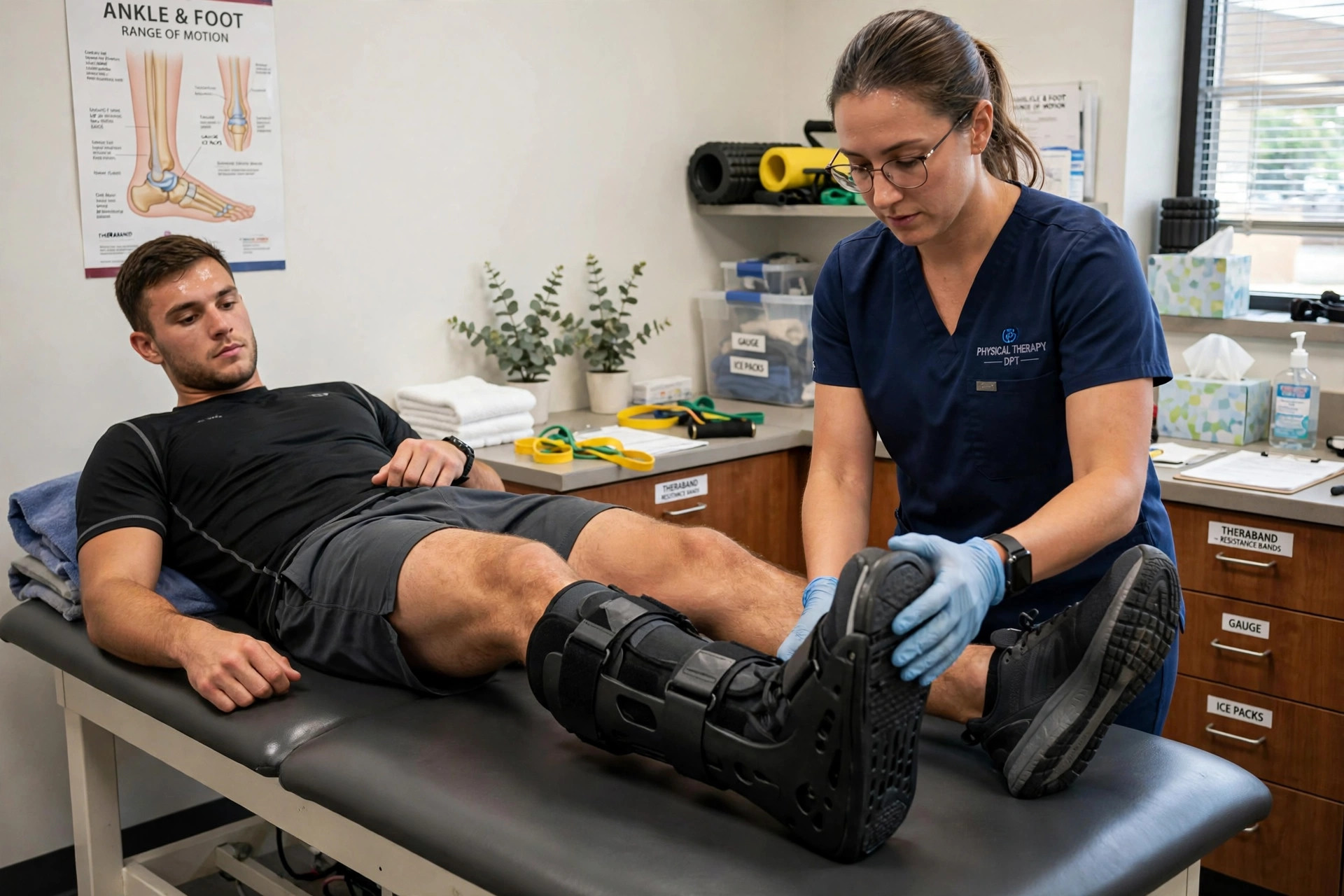 Athlete in walking boot doing Achilles tear recovery physical therapy exercises