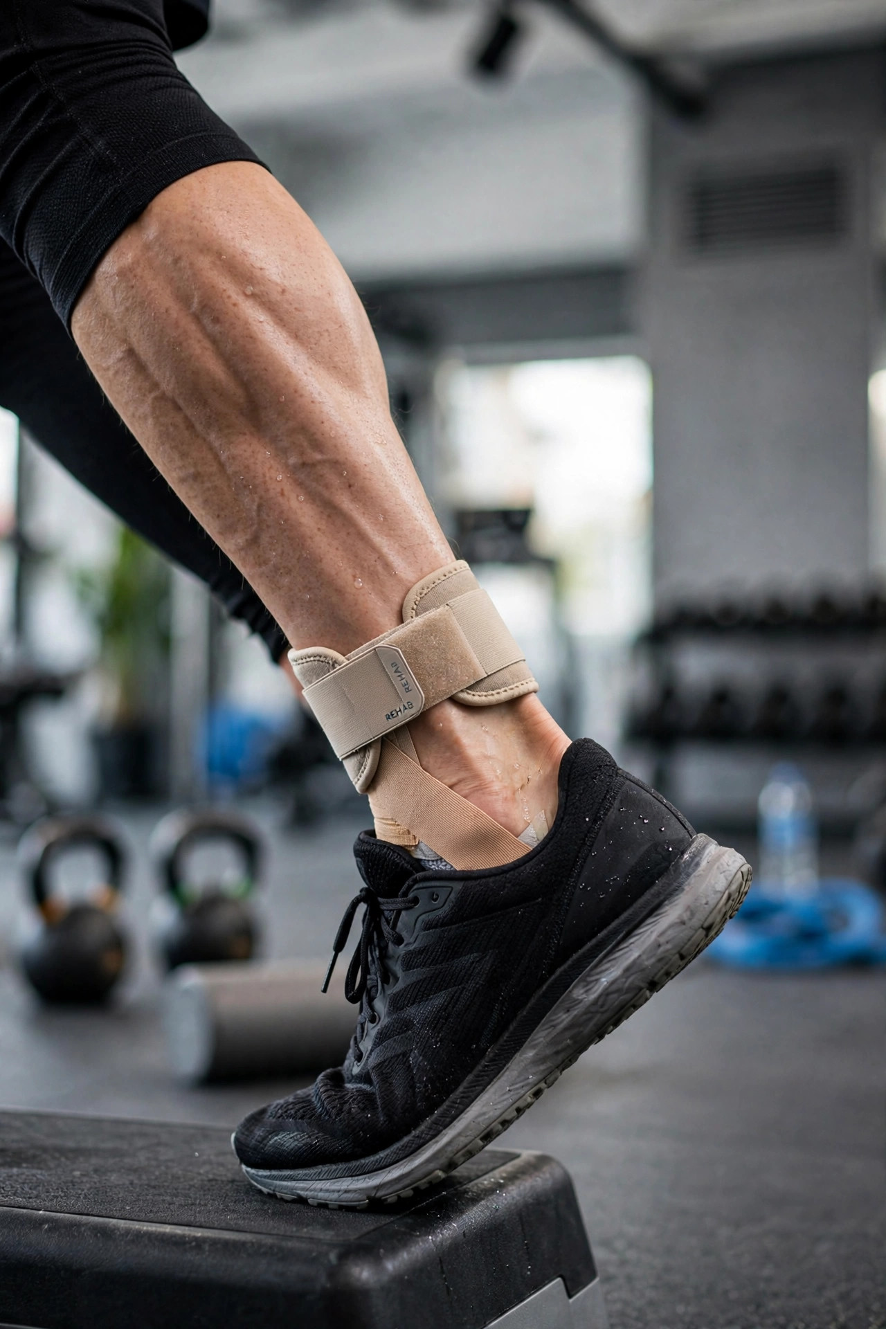 Single-leg calf raise exercise for Achilles tear recovery rehabilitation