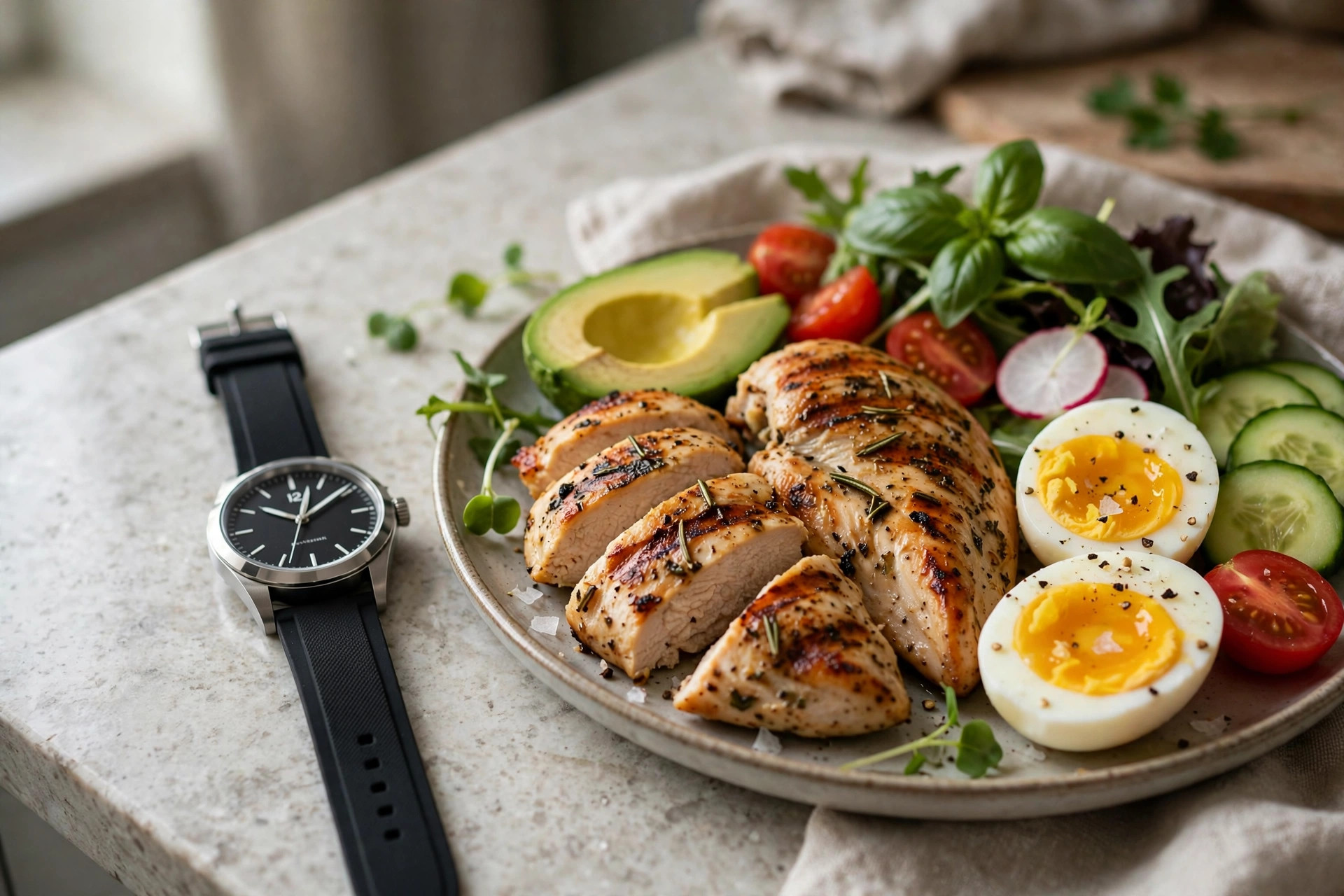 intermittent fasting fat loss - wristwatch beside a healthy meal marking the 8-hour eating window