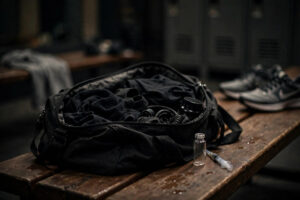 Unregulated peptide vials and syringe in a gym bag — peptides for athletes