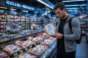 Athlete checking deli turkey package label during the 1.5-million-pound meat recall — food safety for athletes