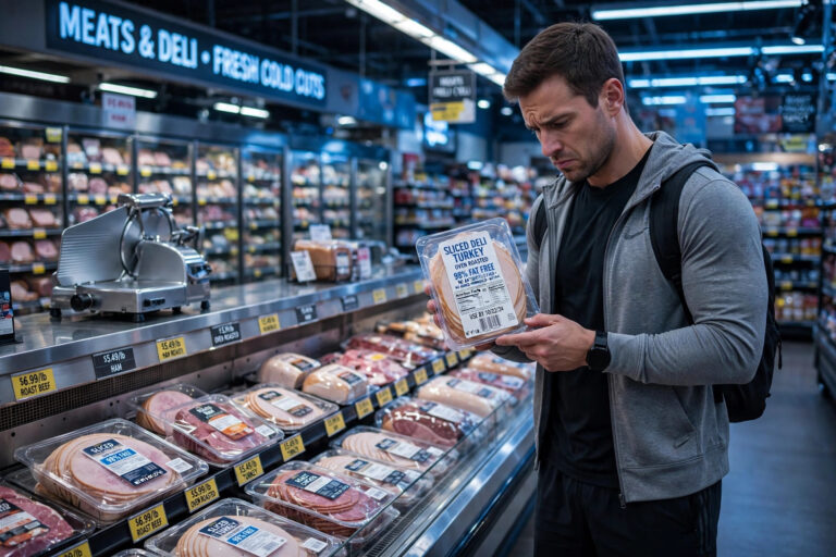 Athlete checking deli turkey package label during the 1.5-million-pound meat recall — food safety for athletes