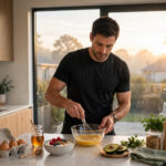 intermittent fasting fat loss - athlete preparing a protein-rich breakfast to open the 8-hour eating window