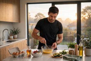 intermittent fasting fat loss - athlete preparing a protein-rich breakfast to open the 8-hour eating window