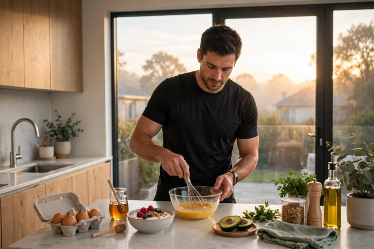 intermittent fasting fat loss - athlete preparing a protein-rich breakfast to open the 8-hour eating window