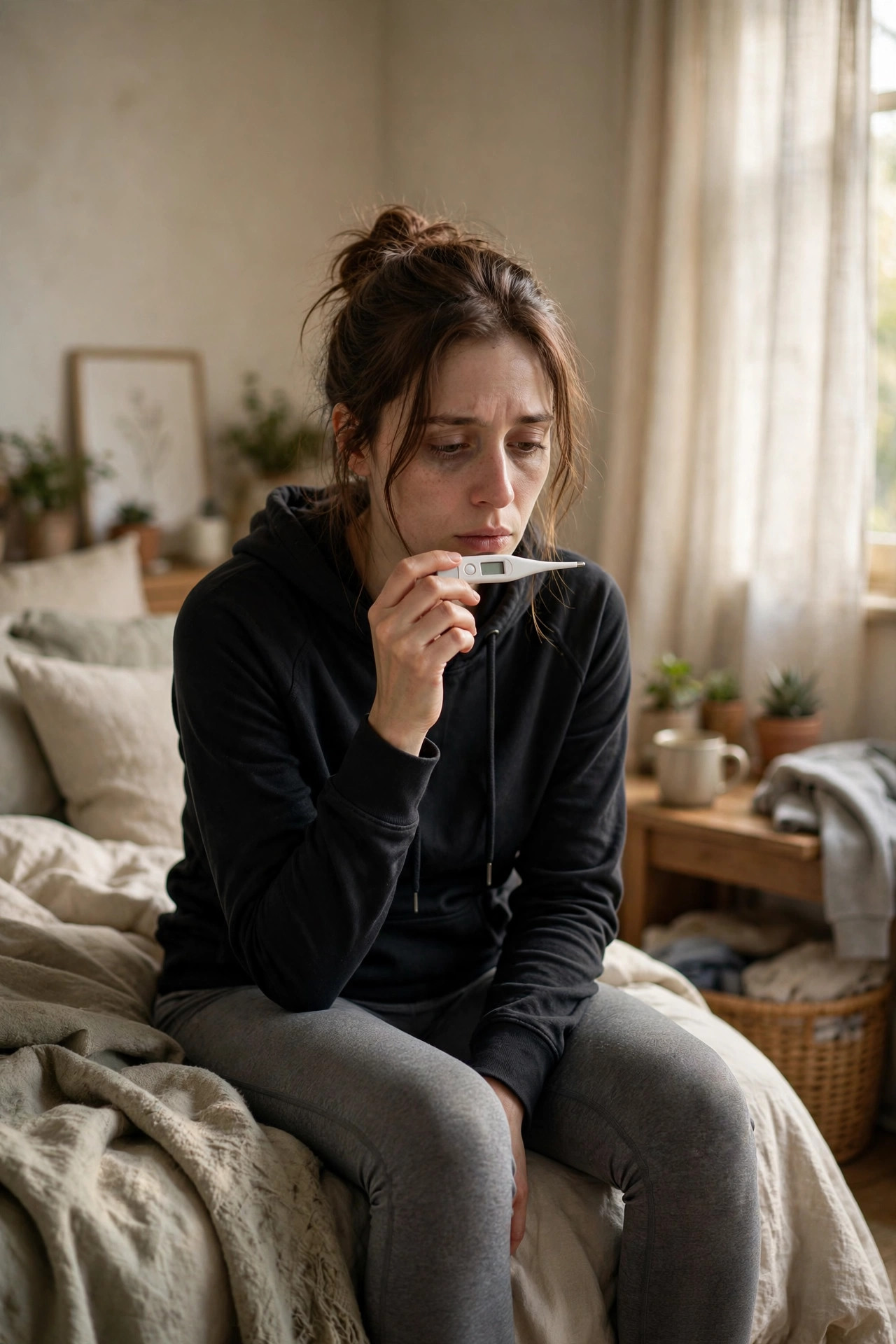 Athlete checking for fever with a thermometer during flu season before training