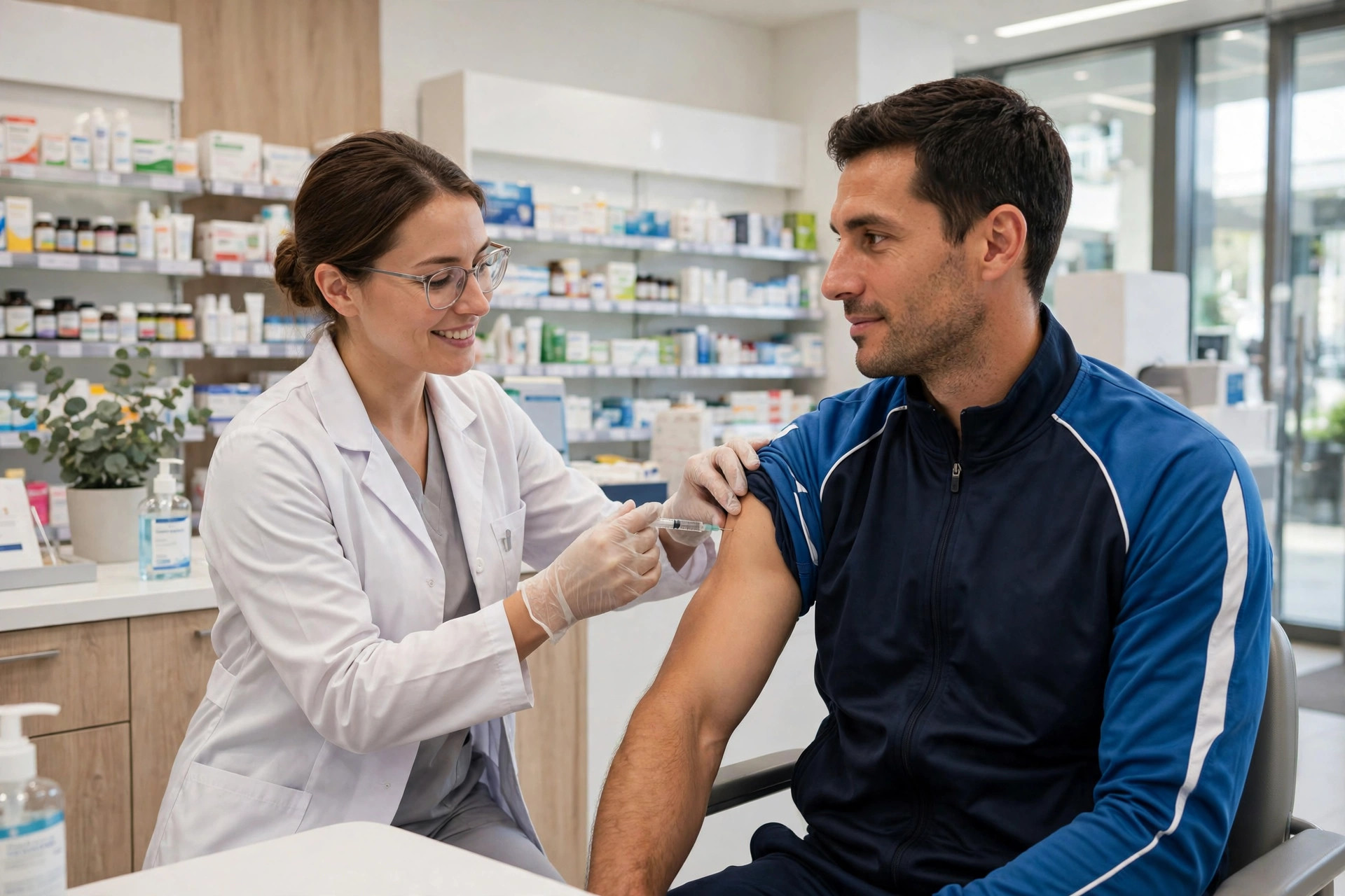 Athlete getting a flu shot at a pharmacy during flu season