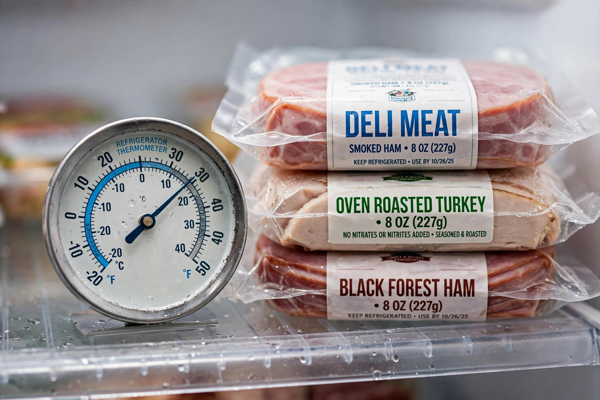 Refrigerator thermometer beside deli meat packages showing safe cold temperature — food safety for athletes