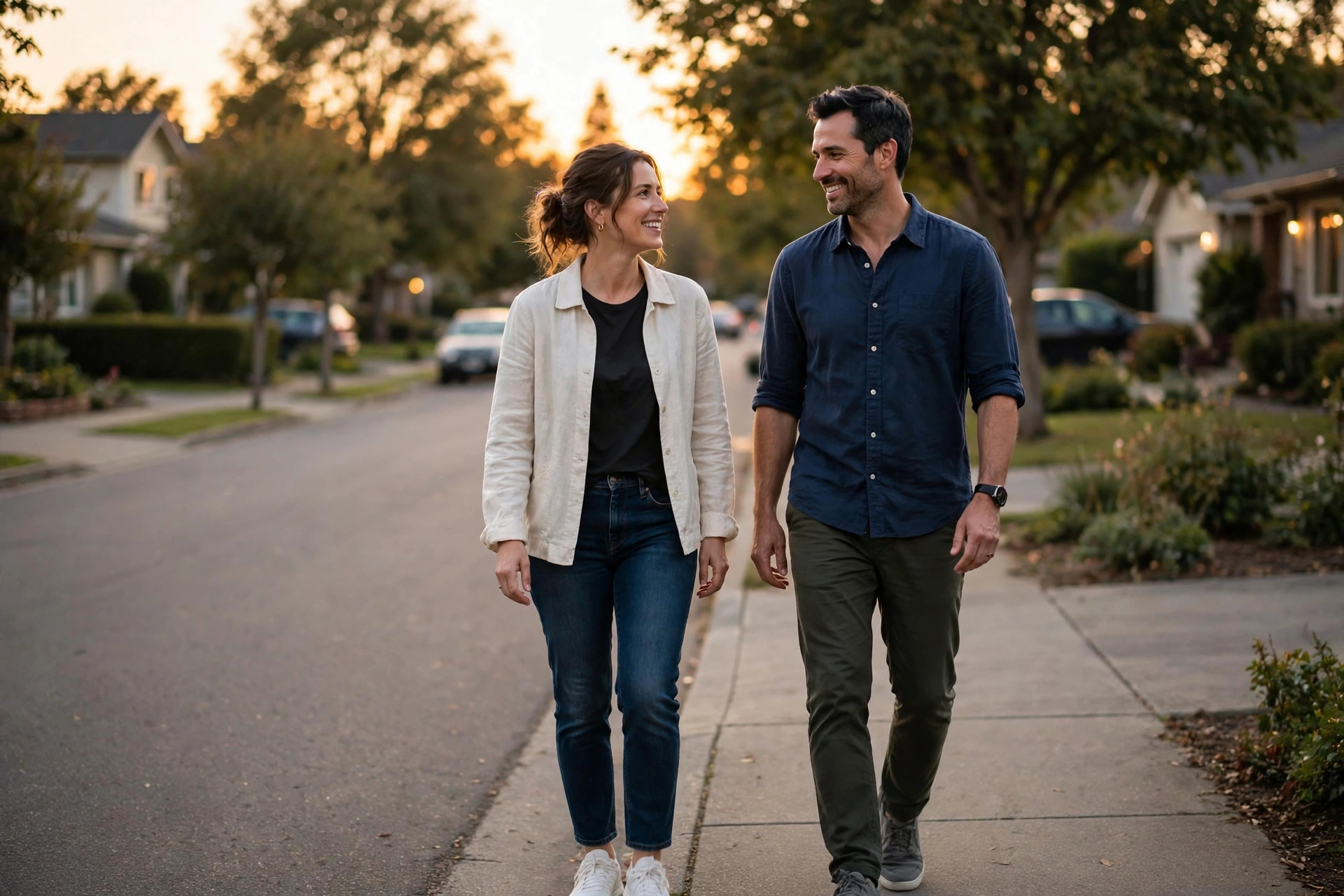 Couple on an after-dinner walk reaching a healthy daily step count without the 10,000 steps myth