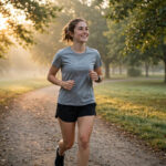 Beginner runner jogging on park path at sunrise — beginner running plan