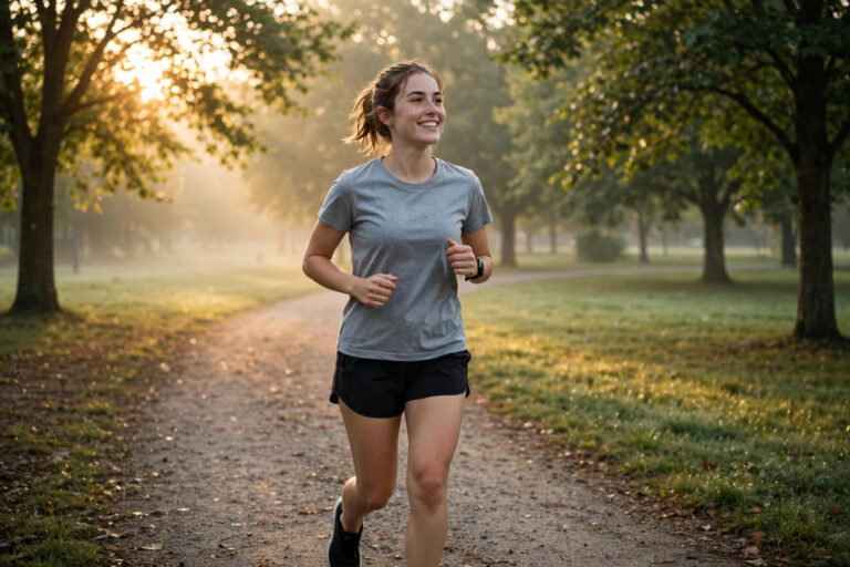 Beginner runner jogging on park path at sunrise — beginner running plan