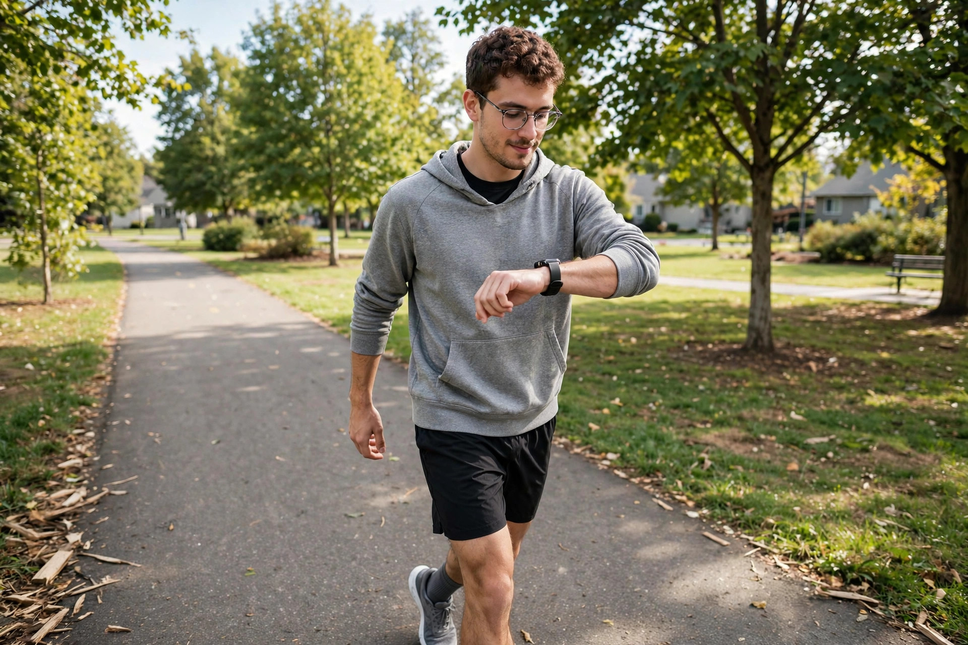 Beginner runner checking fitness watch during run-walk intervals — beginner running plan