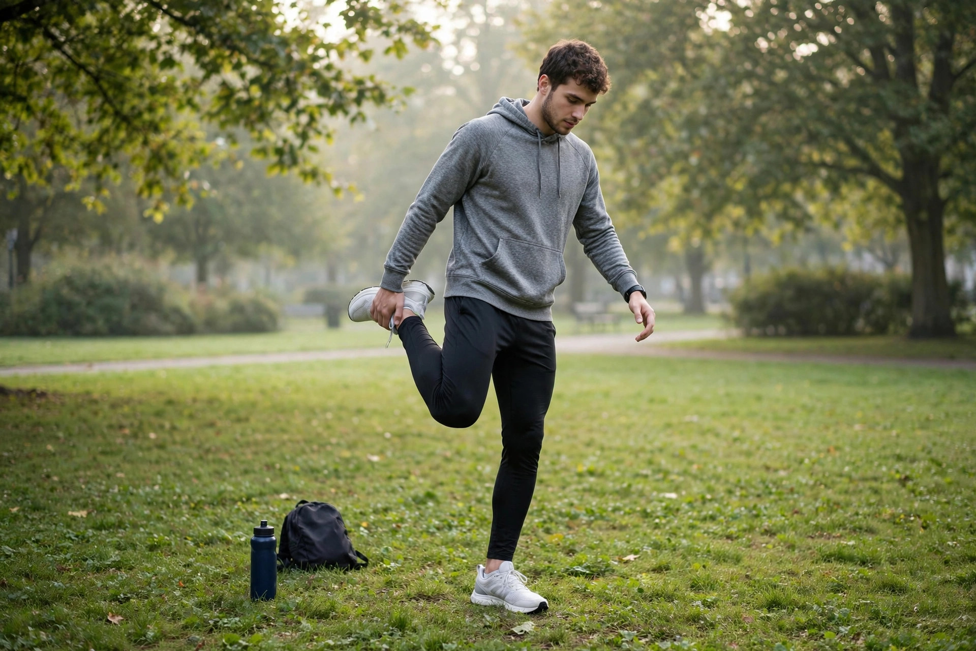 Beginner athlete doing warm-up stretches before running — beginner running plan