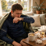 Athlete resting at home with bronchitis cough and tea