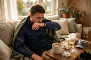 Athlete resting at home with bronchitis cough and tea