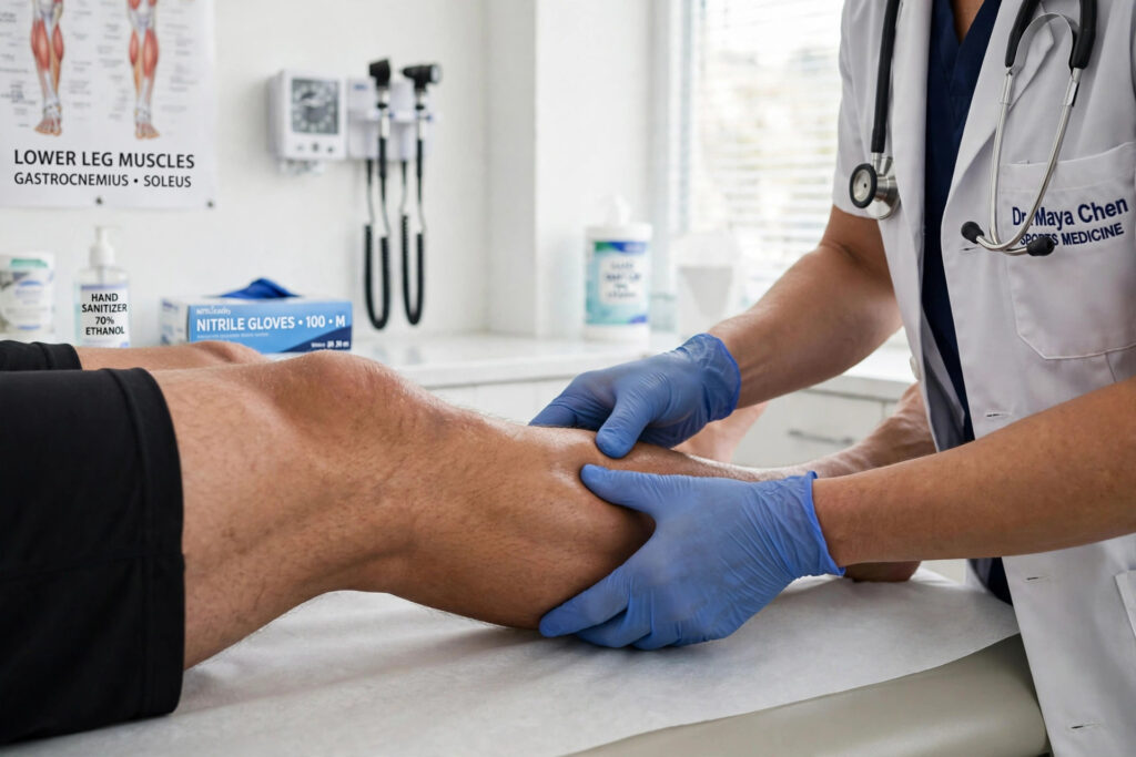 Sports doctor examining an athlete's swollen calf for deep vein thrombosis, the clot that can travel and cause blood clots in lungs