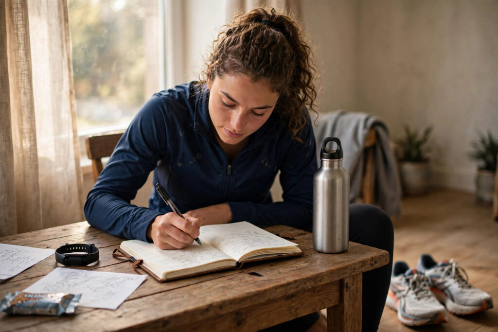 Athlete tracking daily energy in a journal for chronic fatigue recovery