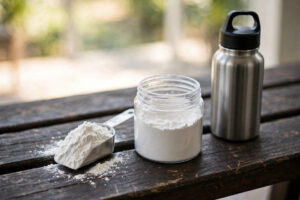 Creatine for fat loss: creatine monohydrate scoop and supplement jar beside a gym water bottle