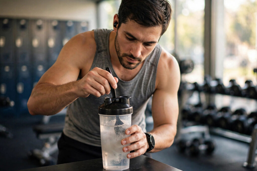 Athlete mixing creatine for fat loss into a pre-workout drink before strength training