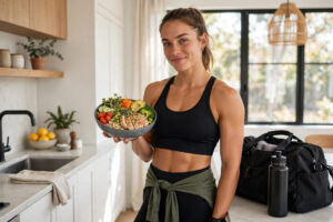 Athlete preparing a diabetes remission diet meal after a morning workout