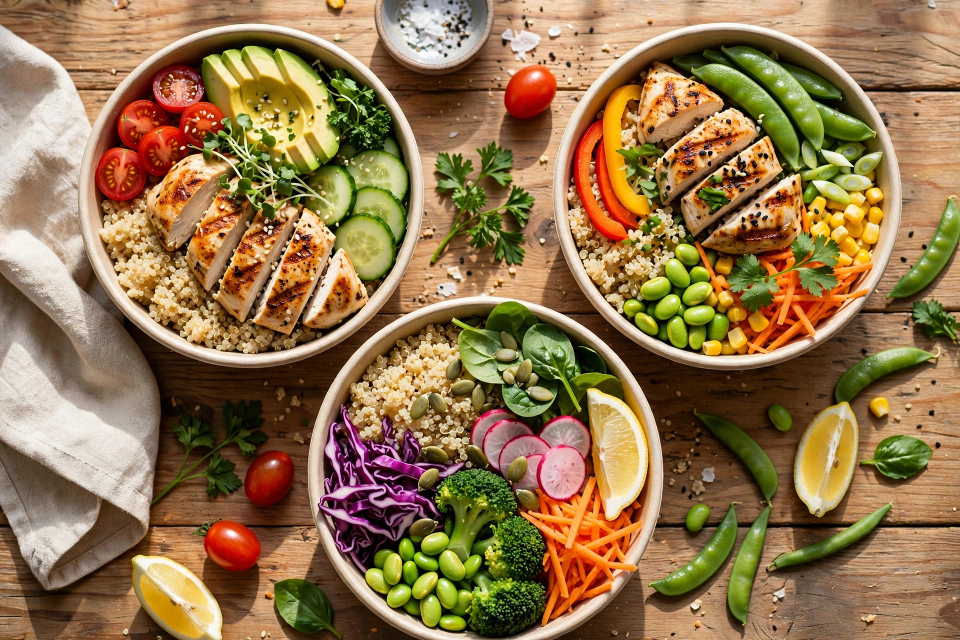 Healthy low-calorie meal prep bowls with vegetables and lean protein for a diabetes remission diet