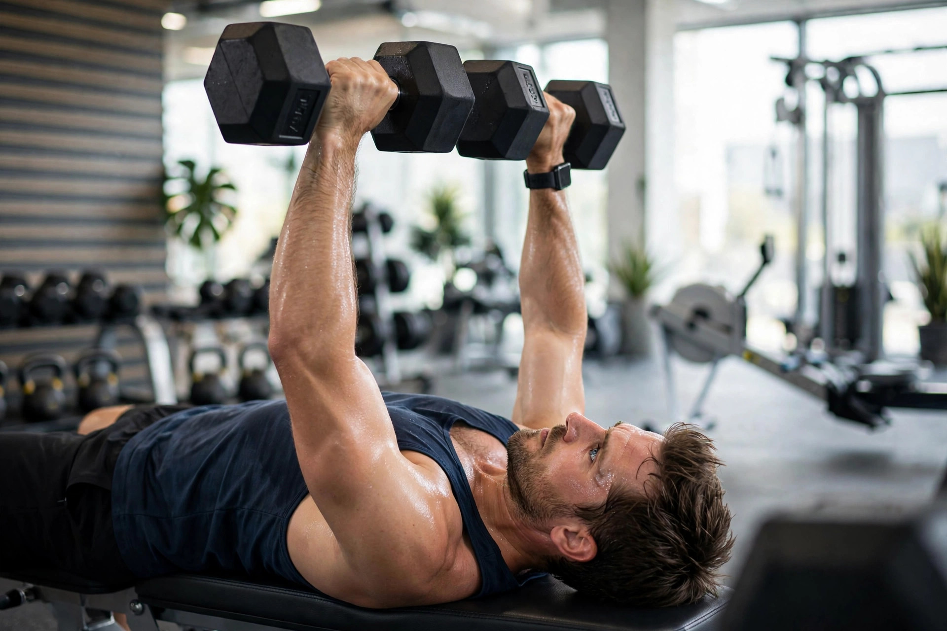 Man doing resistance training with dumbbells to preserve muscle during a diabetes remission diet