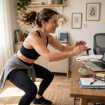 Woman doing exercise snacks at home — quick bodyweight squats during a work break
