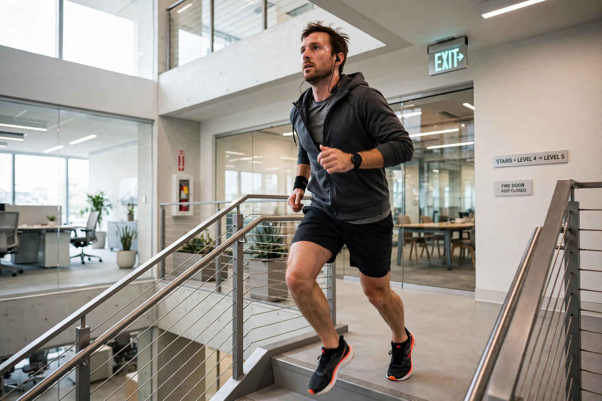 Man doing exercise snacks at work — climbing office stairs for a 2-minute movement break