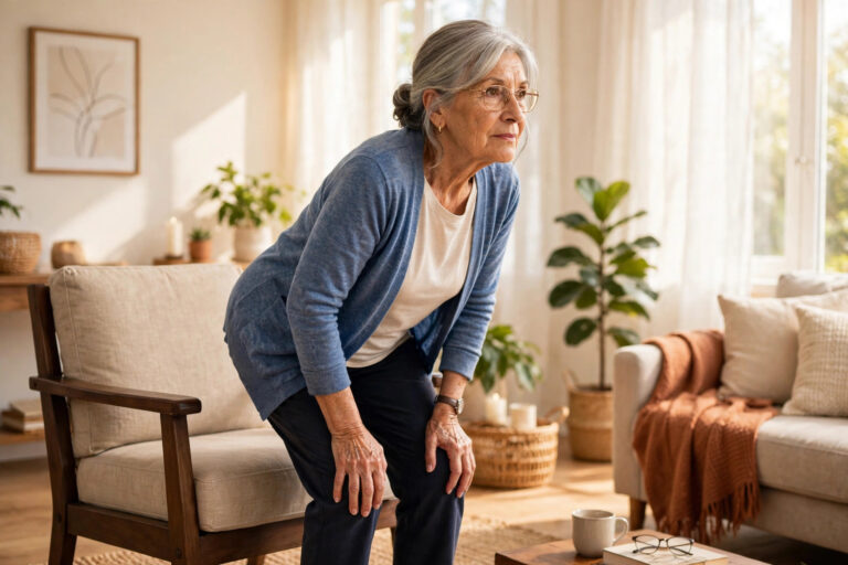 Older woman doing chair stand exercise in 4-minute daily workout routine for strength after 65
