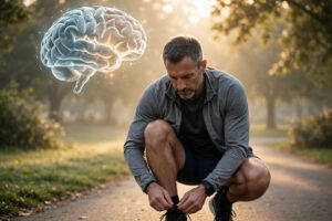 Middle-aged athlete at sunrise representing epilepsy dementia risk and brain health research