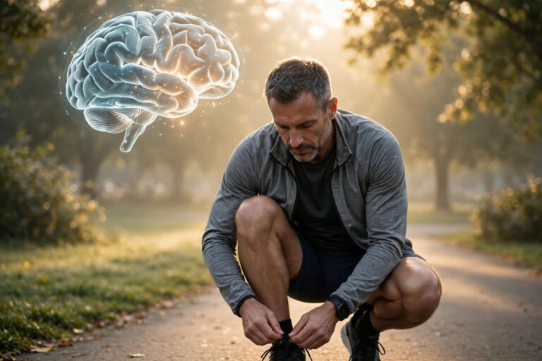 Middle-aged athlete at sunrise representing epilepsy dementia risk and brain health research