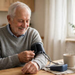 Older man checking masked hypertension risk with a home blood pressure monitor at the kitchen table