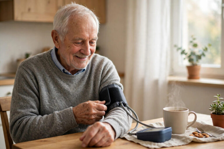 Older man checking masked hypertension risk with a home blood pressure monitor at the kitchen table