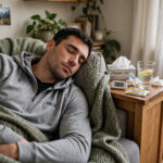 Athlete resting on the couch with thermometer and tissues — realistic recovery timeline for training with a cold after a respiratory infection