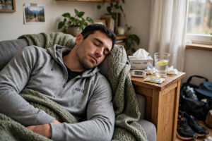 Athlete resting on the couch with thermometer and tissues — realistic recovery timeline for training with a cold after a respiratory infection