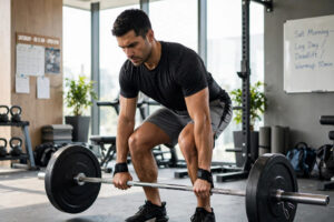 Weekend warrior workouts — athlete performing a barbell deadlift during a Saturday strength session