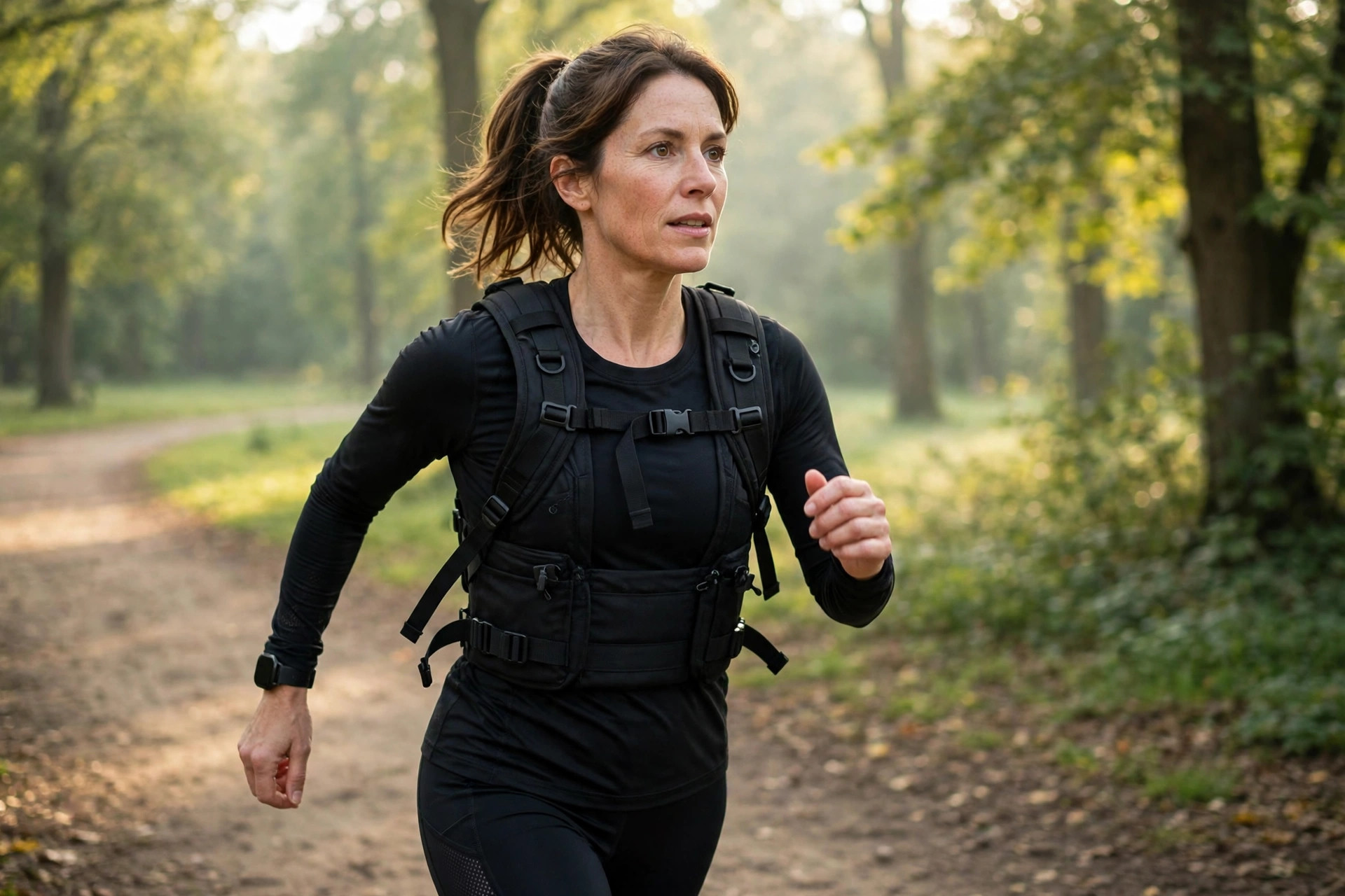 Woman wearing a weighted vest on a morning walk — weighted vest benefits for fat loss and bones