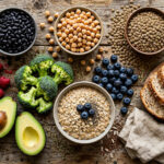 Fibremaxxing: colorful spread of high-fiber foods including beans, berries, oats and vegetables for gut health