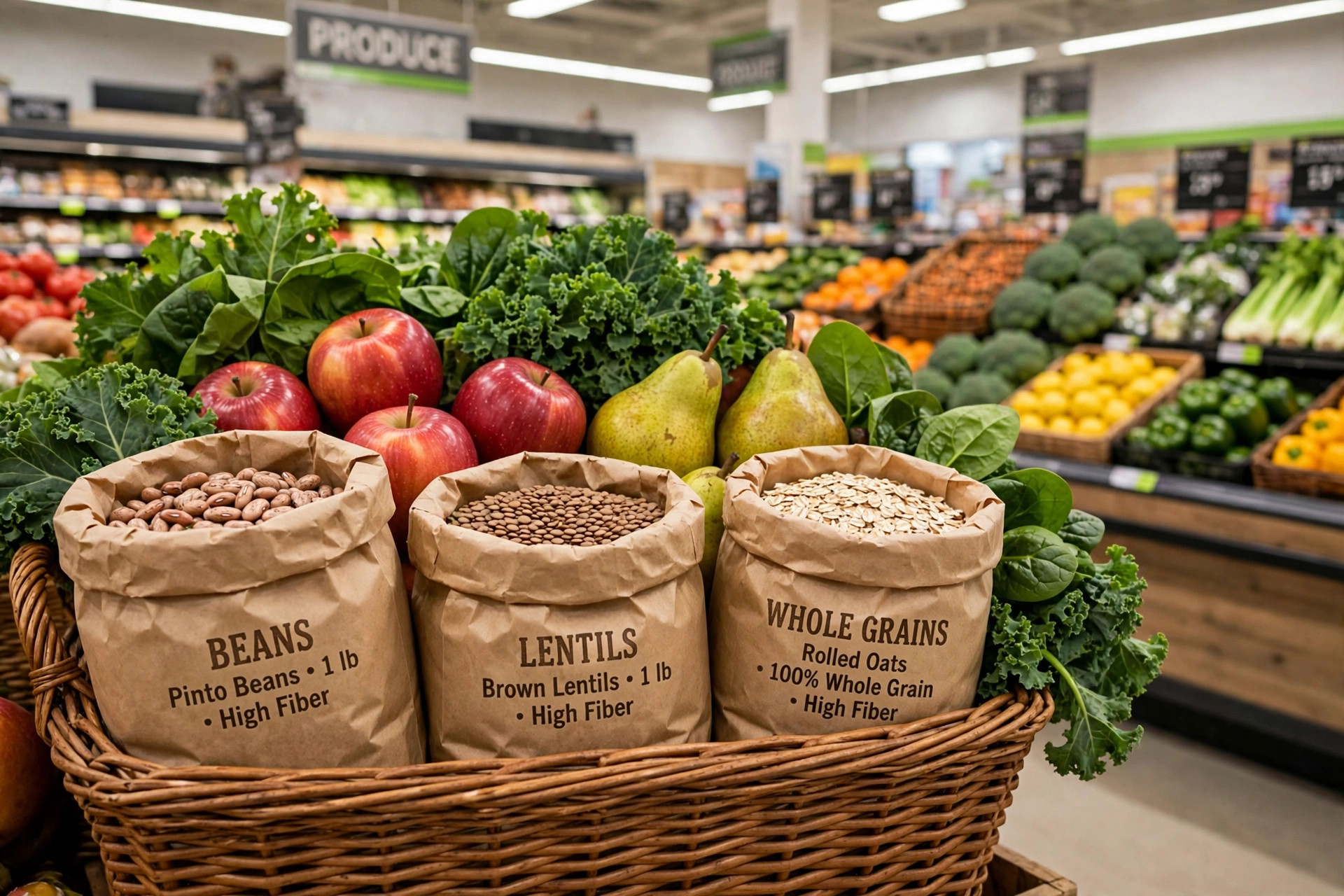 Grocery basket of fibremaxxing staples: apples, leafy greens, whole grains and lentils