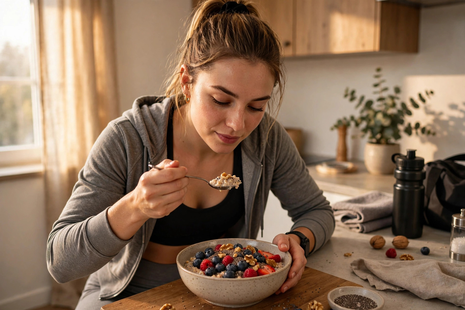 Athlete eating a fibremaxxing breakfast: high-fiber oatmeal bowl with berries, chia seeds and walnuts