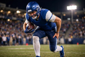 Hamstring injury recovery: NFL quarterback grabbing back of thigh after hamstring tear during game
