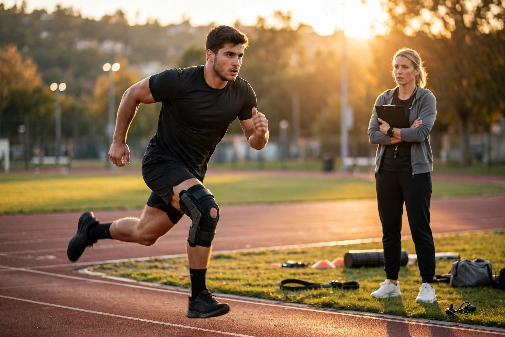 Hamstring injury recovery: sprinter doing controlled speed training to prevent re-injury