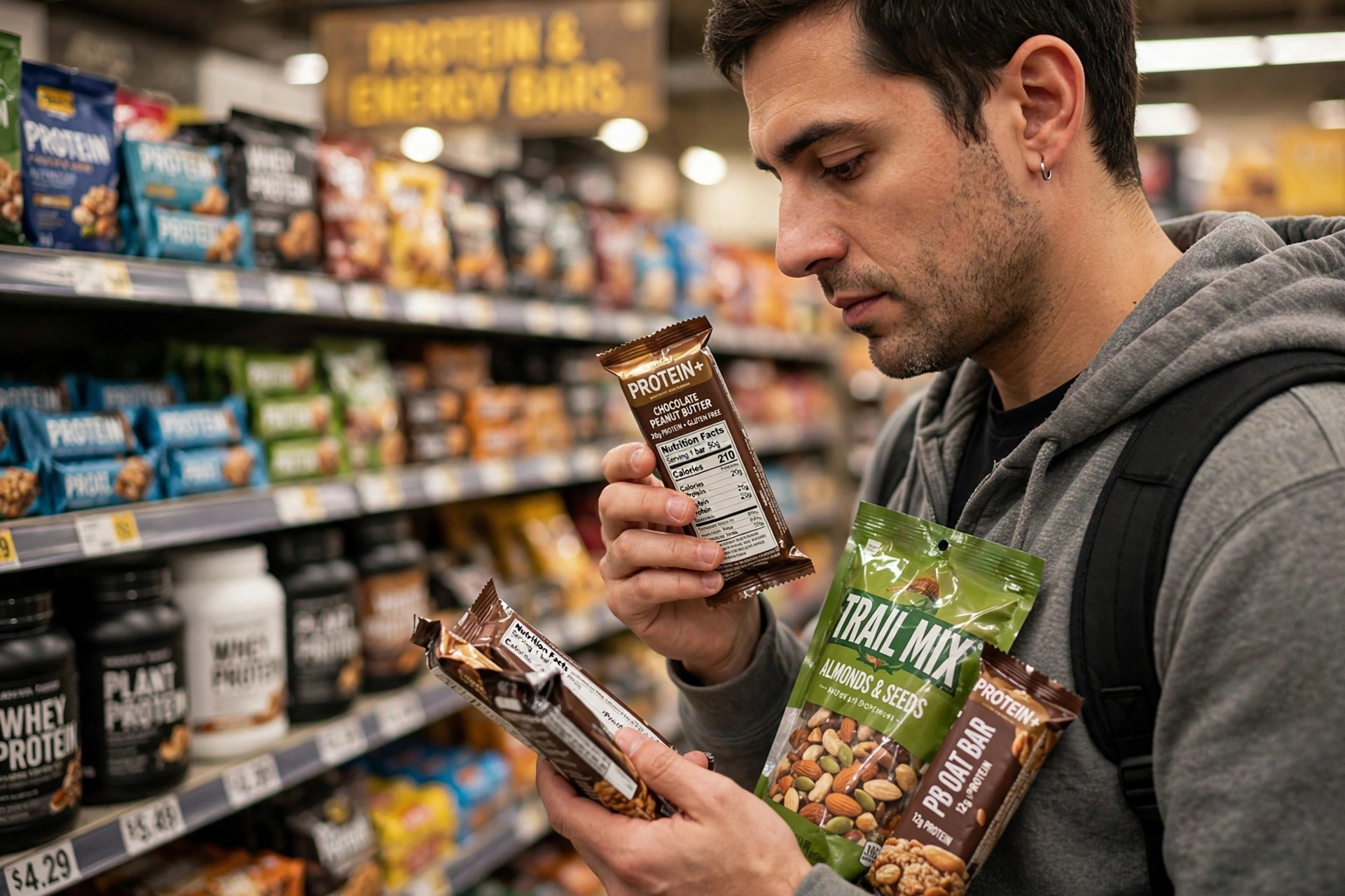 Man reading nutrition label on a protein bar while following a high protein diet
