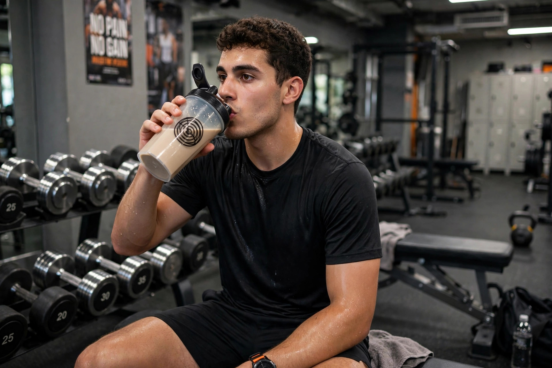 Athlete drinking a protein shake after training as part of a high protein diet