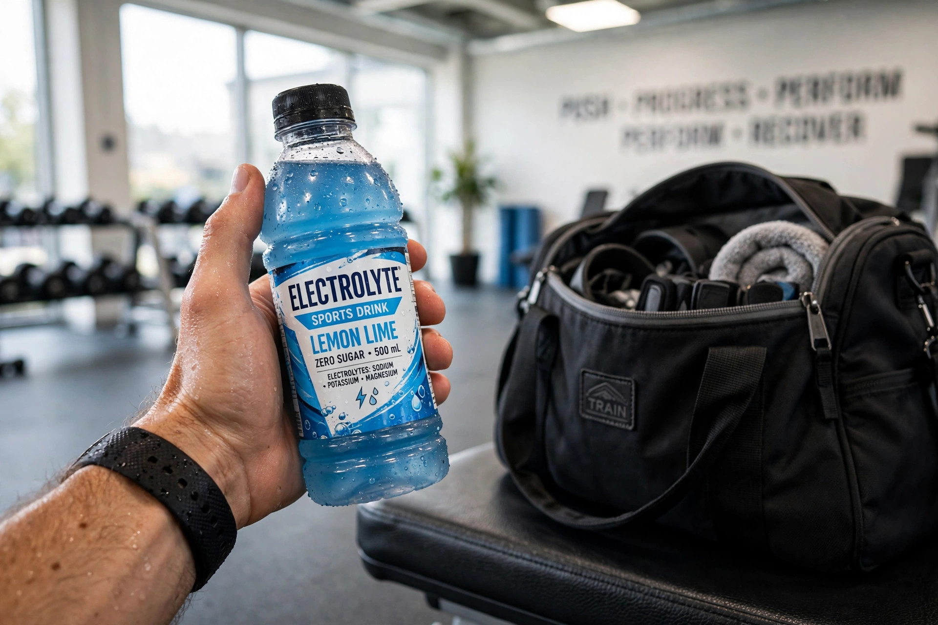 Electrolyte sports drink bottle on gym bench — hydration for athletes